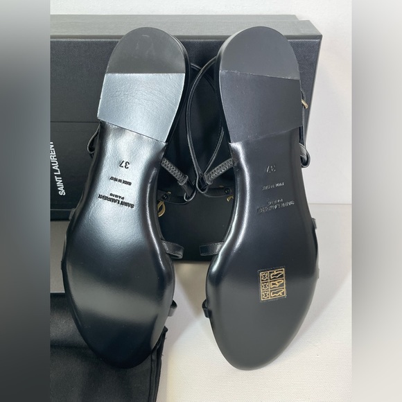 NEW SAINT LAURENT YSL BLACK LEATHER LOGO FLAT CASSANDRA SANDALS BOX 37 - Picture 10 of 11